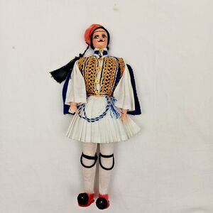 Traditional Greek Doll Folk Costume Pleated Brocade Uniform Hand Made Vintage